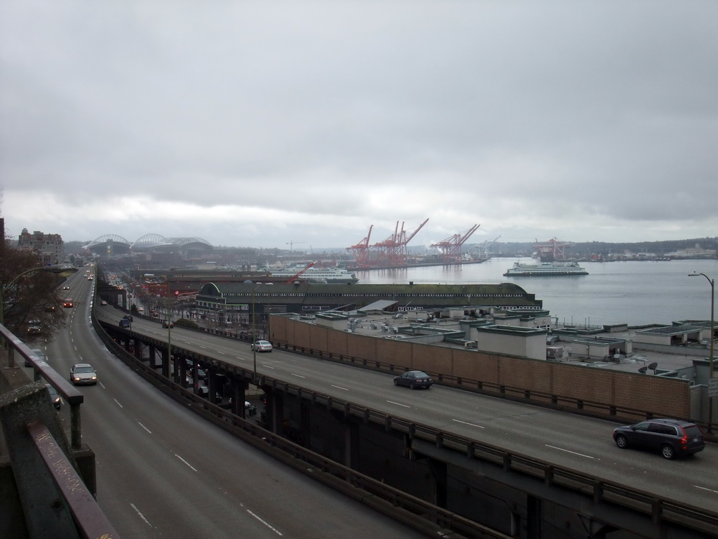 View from Western Avenue on Elliott Bay, the Seattle Aquarium and the Qwest Field football stadium