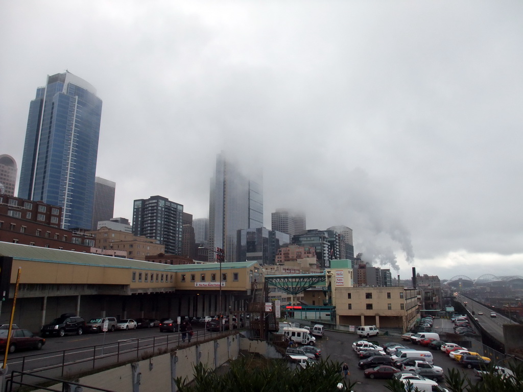 West side of Pike Place Market and skyscrapers