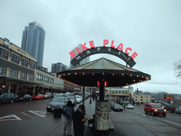 Neon sign at the west side of Pike Place Market and Pike Place