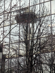 Reflection of the Space Needle in a building at the crossing of Cedar Street and 4th Avenue