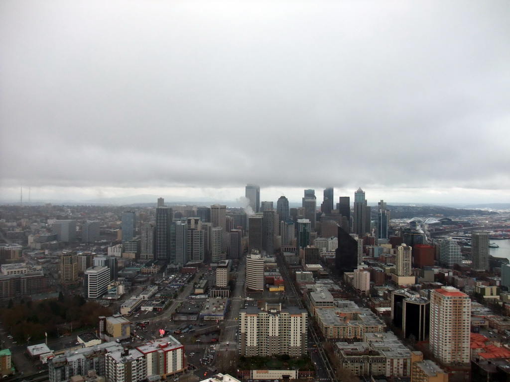 Skyline of Seattle and the Qwest Field football stadium, viewed from the Space Needle