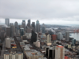 Skyline of Seattle, the Qwest Field football stadium and Elliott Bay, viewed from the Space Needle