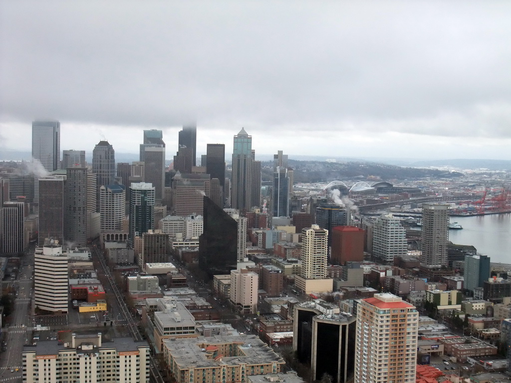 Skyline of Seattle, the Qwest Field football stadium and Elliott Bay, viewed from the Space Needle