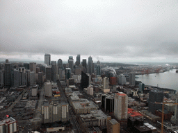 Skyline of Seattle, the Qwest Field football stadium and Elliott Bay, viewed from the Space Needle