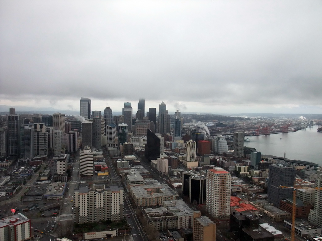 Skyline of Seattle, the Qwest Field football stadium and Elliott Bay, viewed from the Space Needle