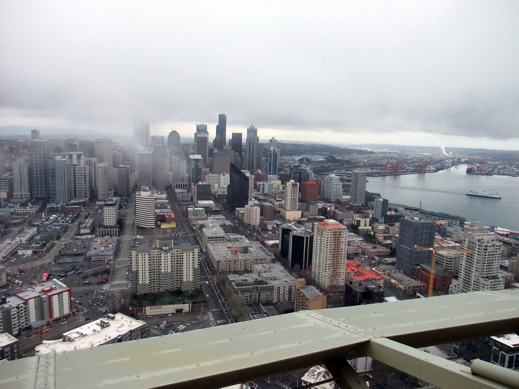 Skyline of Seattle, the Qwest Field football stadium and Elliott Bay, viewed from the Space Needle