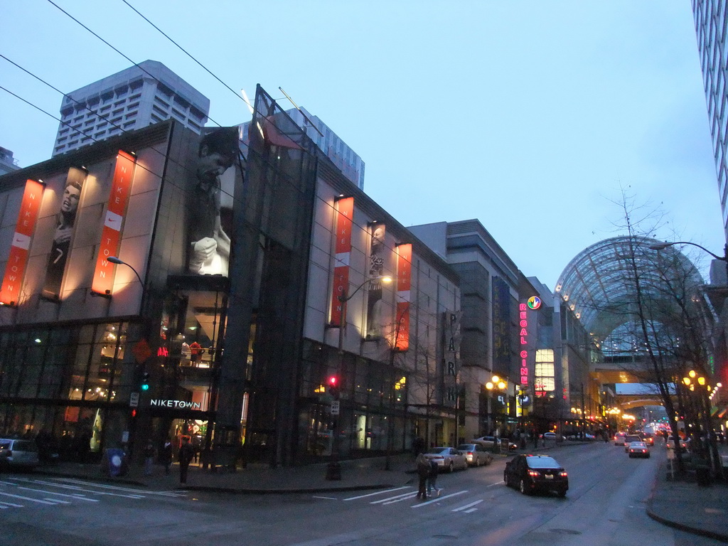 NikeTown store and the Washington State Convention Center at Pike Street, at sunset