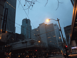 Rainier Square with the Puget Sound Plaza building and 1201 Third Avenue building, at sunset