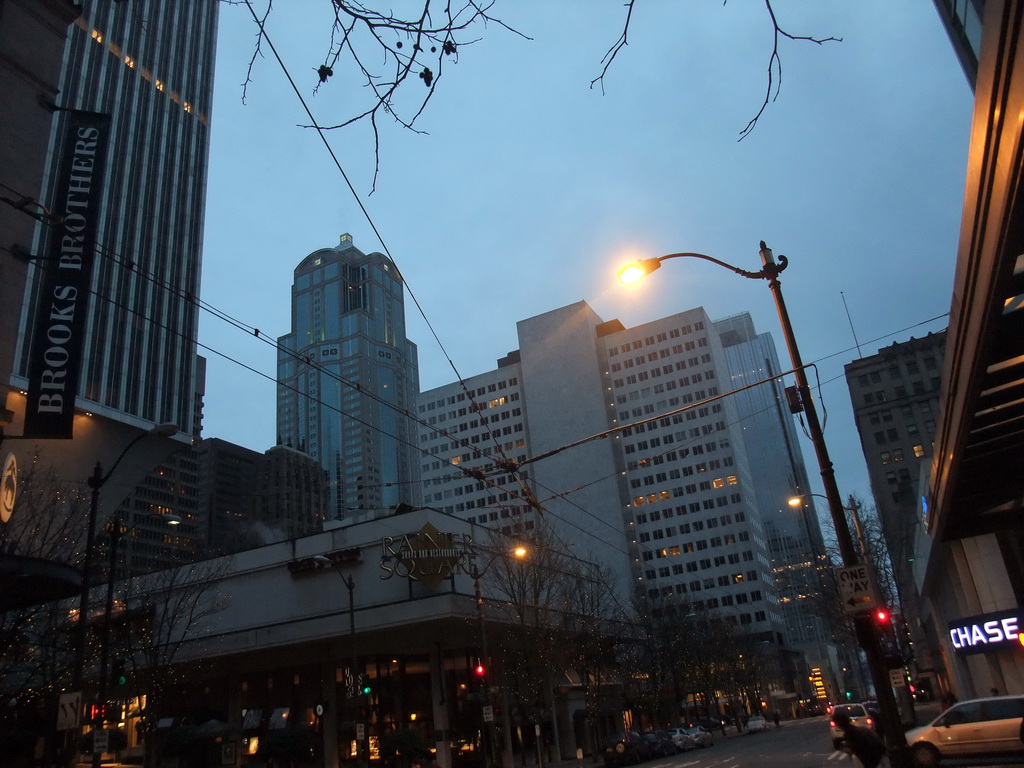 Rainier Square with the Puget Sound Plaza building and 1201 Third Avenue building, at sunset