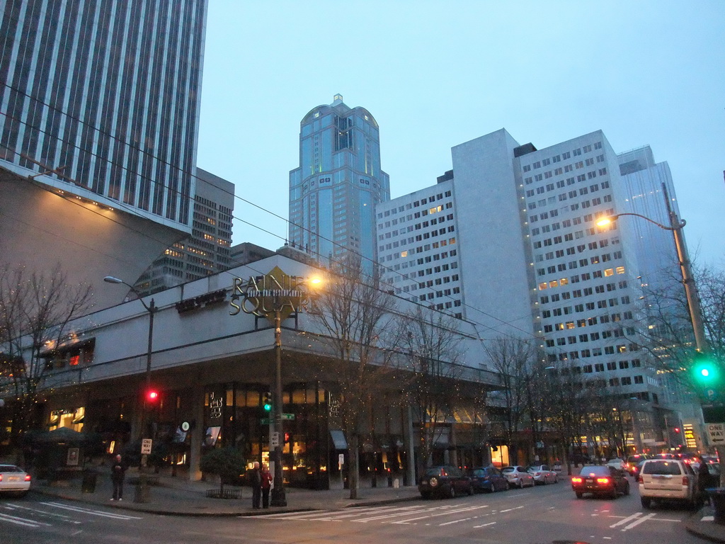 Rainier Square with the Rainier Tower, the Puget Sound Plaza building and 1201 Third Avenue building, at sunset