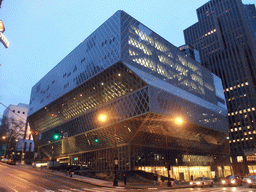 Seattle Public Library, at sunset
