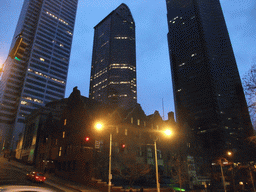 The Rainier Club, the First United Methodist Church, the Bank of America Fifth Avenue Plaza building, the Seattle Municipal Tower and the Columbia Center, by night