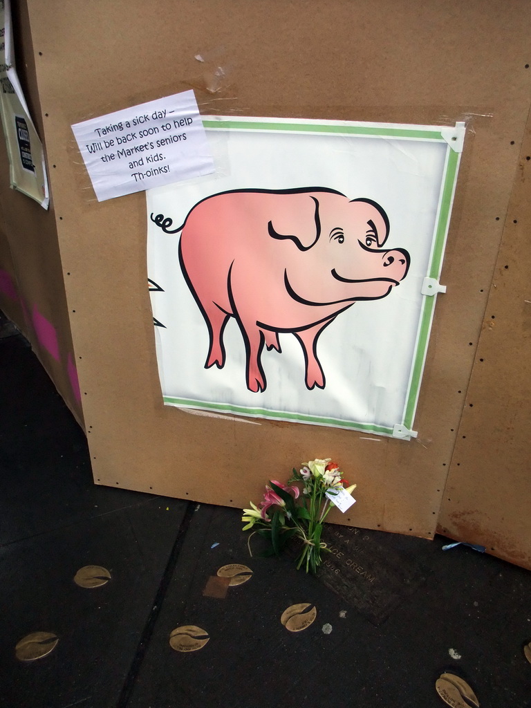 Sign where the pig statue `Rachel` should stand, at Pike Place Market