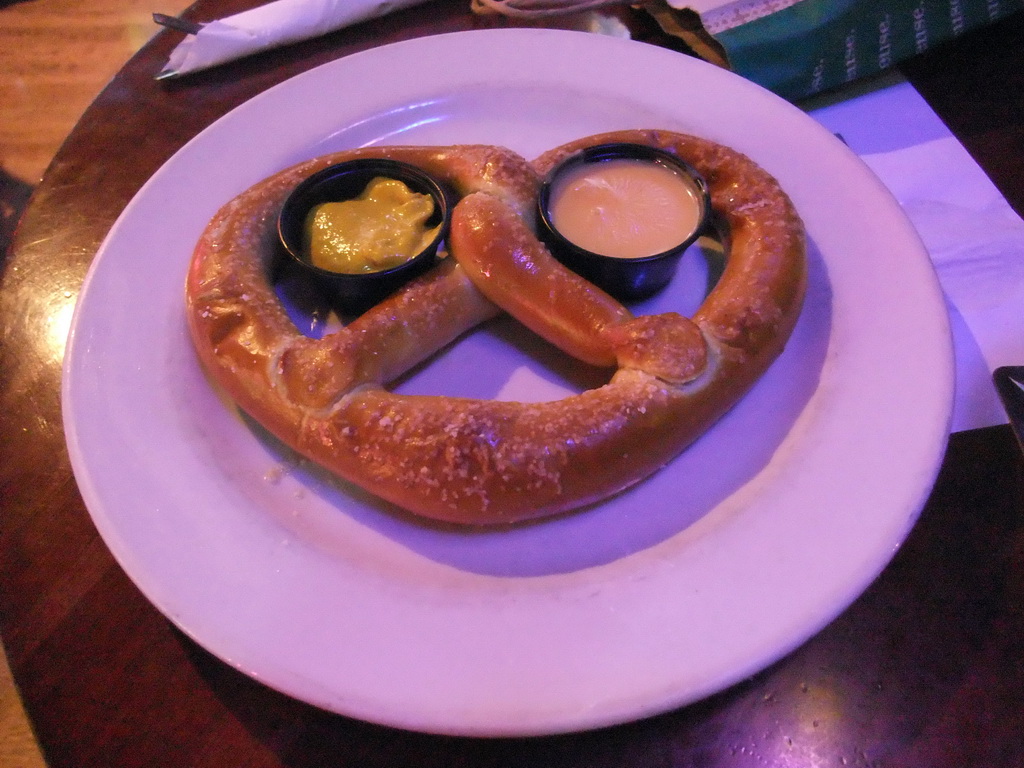 Giant pretzel with sauces at Jillian`s Billiard Club at 9th Avenue North