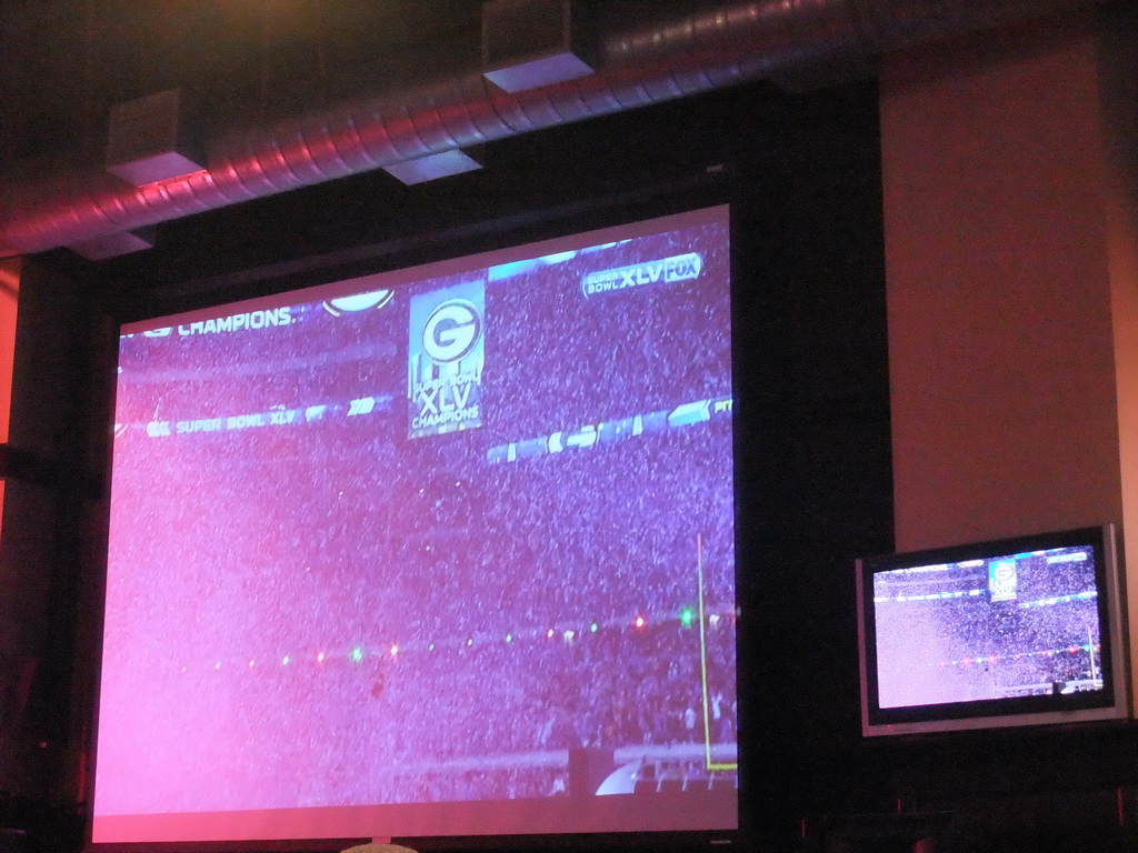 Video screens with Super Bowl XLV at Jillian`s Billiard Club at 9th Avenue North