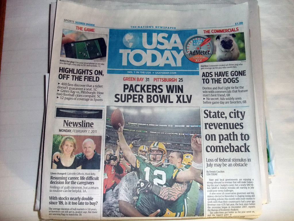 Front of USA Today newspaper about Super Bowl XLV