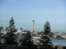 The Space Needle, the Naval Reserve Building at Lake Union Park and Lake Union, viewed from the taxi from Bothell to Seattle