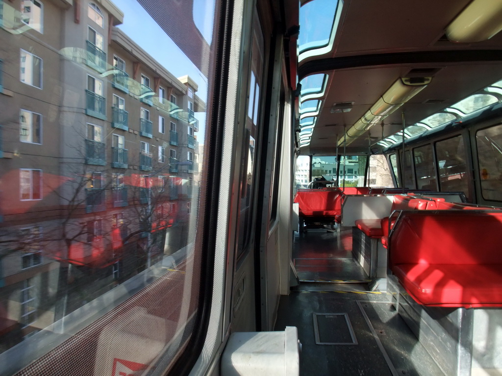 Inside the monorail train riding from the Seattle Center to the Westlake Center Mall