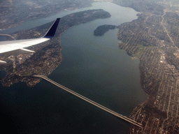 The Lacey V. Murrow Memorial Bridge over Lake Washington, Seward Park, Colman Park and Mercer Island, viewed from the airplane to New York