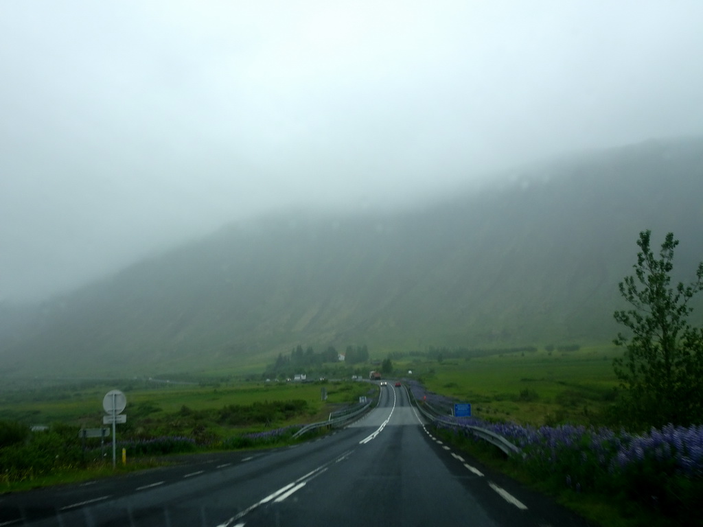The Biskupstungnabraut road on the north side of Selfoss, viewed from the rental car from Geysir