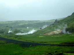The Hellisheiði Power Station, viewed from the rental car on the Þjóðvegur road