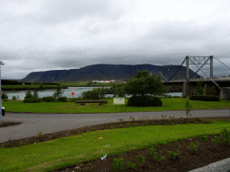 The Árvegur road and the Ölfusárbrú bridge over the Ölfusá river, viewed from the parking place of Hotel Selfoss