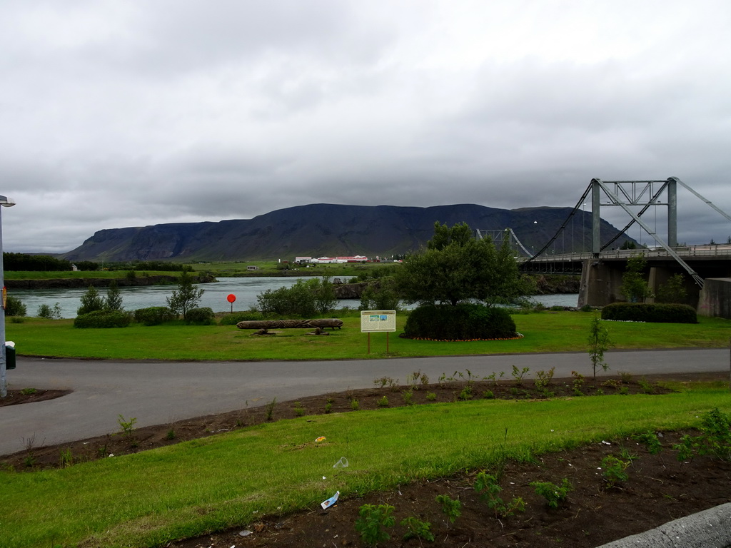 The Árvegur road and the Ölfusárbrú bridge over the Ölfusá river, viewed from the parking place of Hotel Selfoss