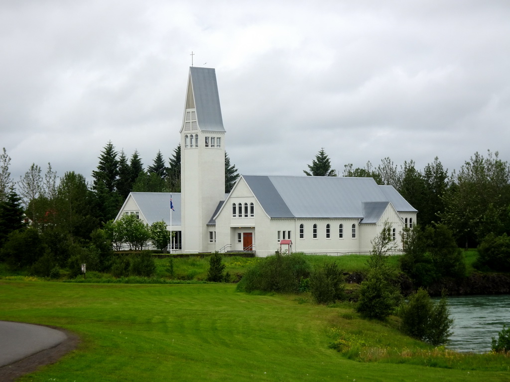 The Selfoss Kirkja church, viewed from the parking place of Hotel Selfoss
