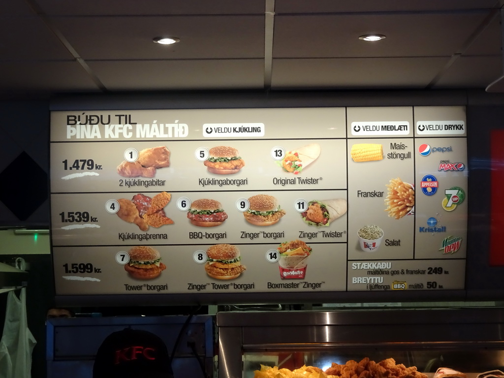 Menu in the KFC restaurant at the Austurvegur street