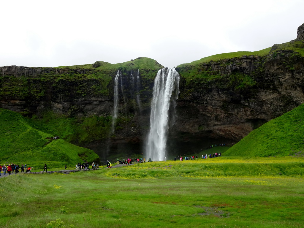 The Seljalandsfoss waterfall, viewed from the parking lot