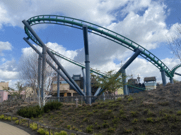 The Booster Bike attraction at the Magische Vallei section at the Toverland theme park, viewed from the Ithaka section