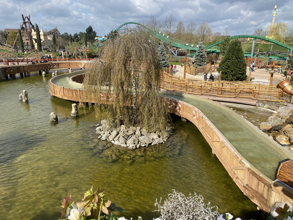 The Scorpios attraction at the Ithaka section, the Booster Bike attraction at the Magische Vallei section and the Solaris restaurant at the Port Laguna section at the Toverland theme park, viewed from the Maximus` Wunderball attraction at the Wunderwald section