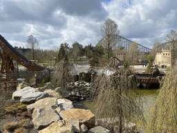 The Expedition Zork attraction at the Wunderwald section and the Troy attraction at the Ithaka section at the Toverland theme park, viewed from the Maximus` Wunderball attraction