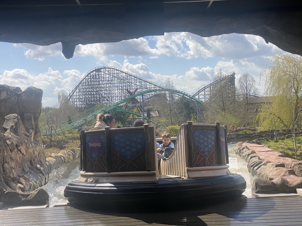 The Djengu River and Booster Bike attractions at the Magische Vallei section and the Scorpios and Troy attractions at the Ithaka section at the Toverland theme park, viewed from our boat