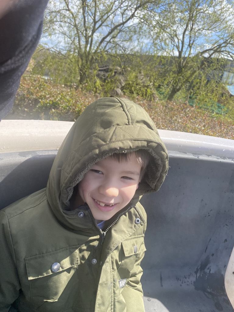 Max in our boat at the Djengu River attraction at the Magische Vallei section at the Toverland theme park