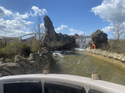 The Djengu River and Booster Bike attractions at the Magische Vallei section and the Troy attraction at the Ithaka section at the Toverland theme park, viewed from our boat