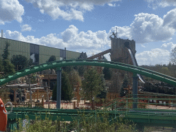 The Booster Bike attraction at the Magische Vallei section and the Expedition Zork attraction at the Wunderwald section at the Toverland theme park, viewed from our boat at the Djengu River attraction