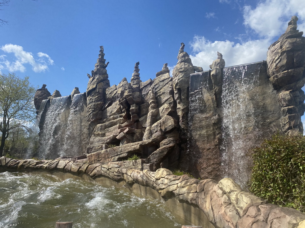 Waterfall at the Djengu River attraction at the Magische Vallei section at the Toverland theme park, viewed from our boat