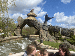 Gate and bridge at the Djengu River attraction at the Magische Vallei section at the Toverland theme park, viewed from our boat