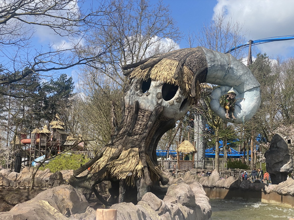 Dwervel house at the Djengu River attraction at the Magische Vallei section at the Toverland theme park, viewed from our boat