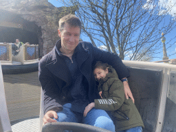 Tim and Max in our boat at the Djengu River attraction at the Magische Vallei section at the Toverland theme park