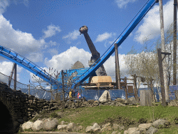 The Fenix attraction and the Pixarus attraction, under construction, at the Avalon section at the Toverland theme park, viewed from our boat at the Merlin`s Quest attraction