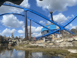 The Fenix and Merlin`s Quest attractions and the Dragonwatch and Pixarus attractions, under construction, at the Avalon section at the Toverland theme park, viewed from our boat