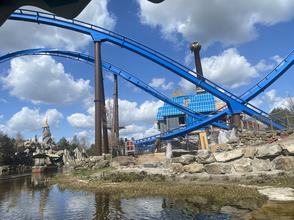 The Fenix and Merlin`s Quest attractions and the Dragonwatch and Pixarus attractions, under construction, at the Avalon section at the Toverland theme park, viewed from our boat