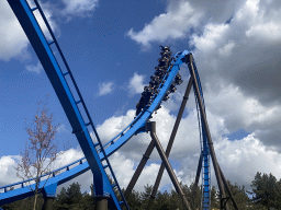 The Fenix attraction at the Avalon section at the Toverland theme park, viewed from our boat at the Merlin`s Quest attraction