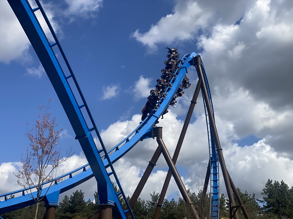 The Fenix attraction at the Avalon section at the Toverland theme park, viewed from our boat at the Merlin`s Quest attraction