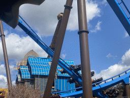 The Fenix attraction and the Pixarus attraction, under construction, at the Avalon section at the Toverland theme park, viewed from our boat at the Merlin`s Quest attraction