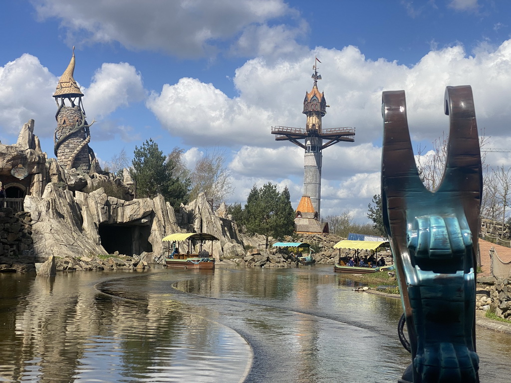 The Merlin`s Quest attraction and the Dragonwatch attraction, under construction, at the Avalon section at the Toverland theme park, viewed from our boat