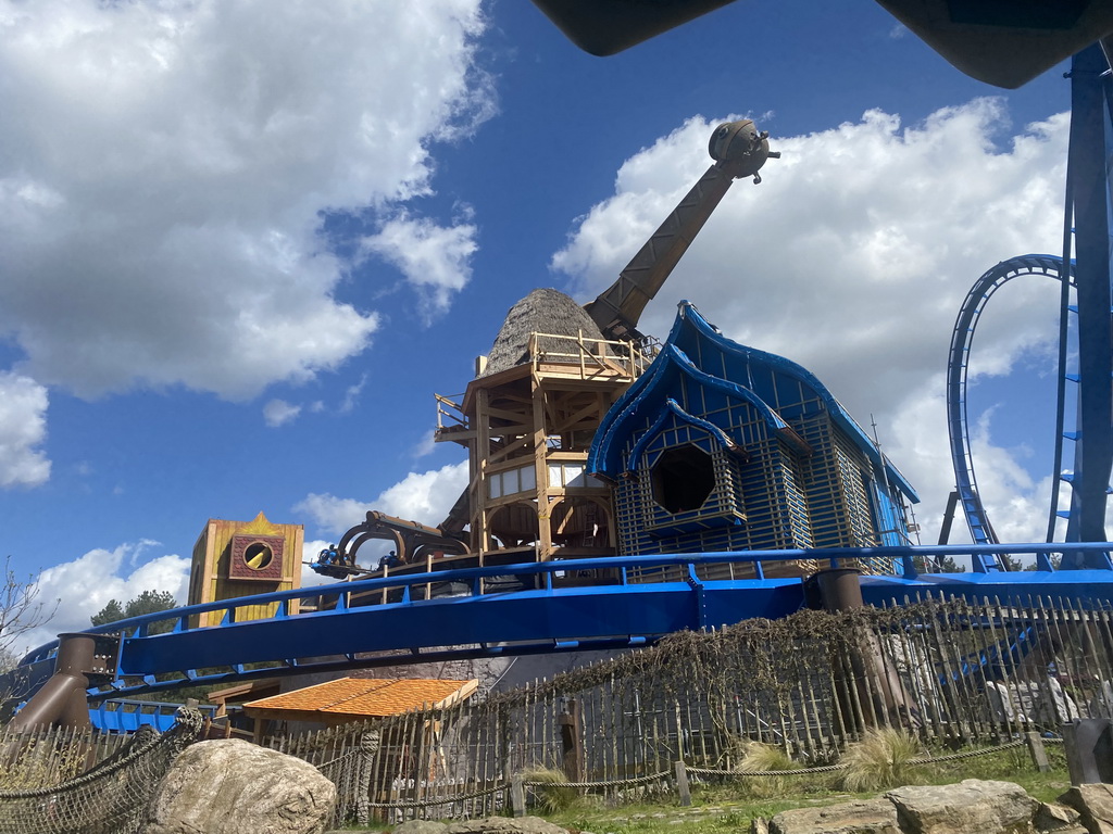 The Fenix attraction and the Pixarus attraction, under construction, at the Avalon section at the Toverland theme park, viewed from our boat at the Merlin`s Quest attraction