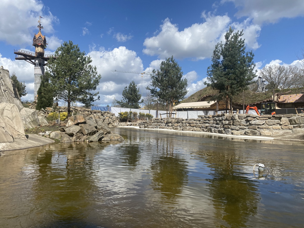 The Merlin`s Quest attraction and the Dragonwatch attraction, under construction, at the Avalon section at the Toverland theme park, viewed from our boat